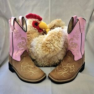 Old West Pink & Brown Embroidered Square Toe Cowgirl Boots Size 11D